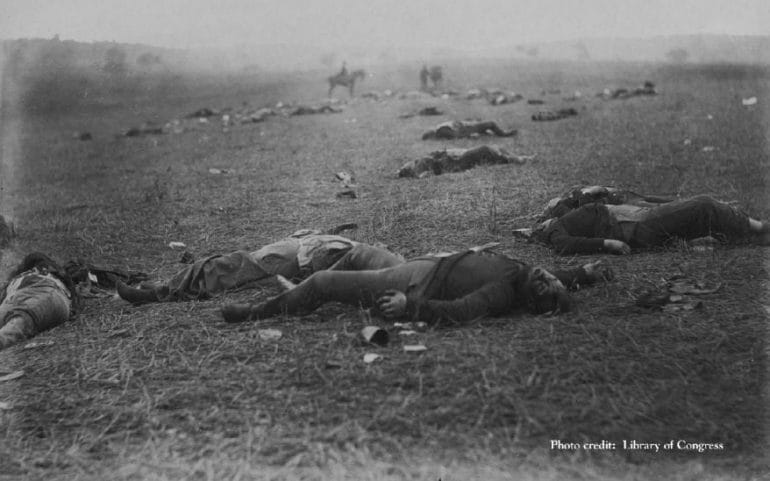 The dead on the battlefield at Gettysburg, Pennsylvania.