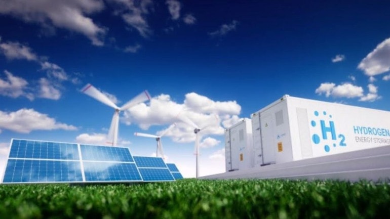Solar panels, wind turbines and hydrogen energy storage units.