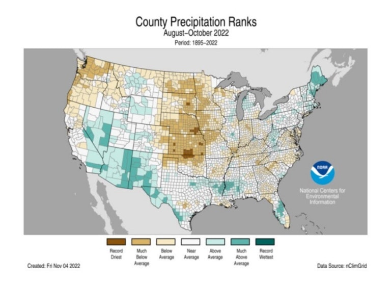 This map from NOAA shows how the past few months have been the driest on record for several counties in Kansas, Oklahoma and Nebraska (those shaded in dark brown).