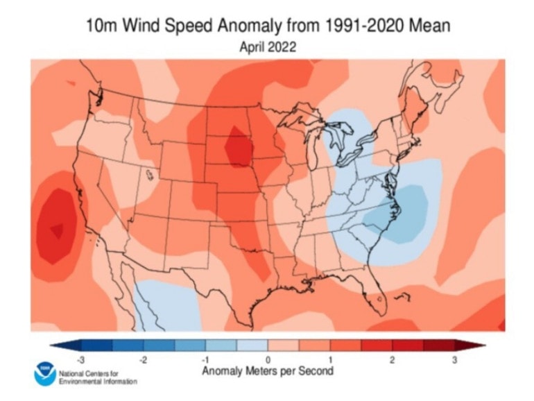 This map from the NOAA shows how wind speeds outpaced historical averages earlier this year.