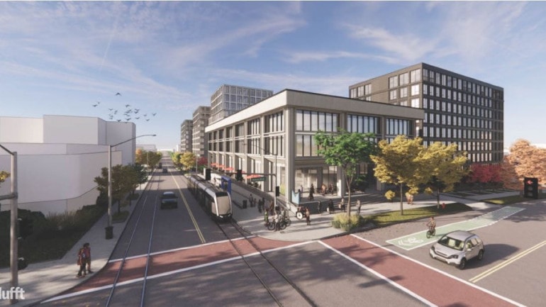 Rendering looking south along Main Street of Mac Properties' proposed 1 W. Armour project.