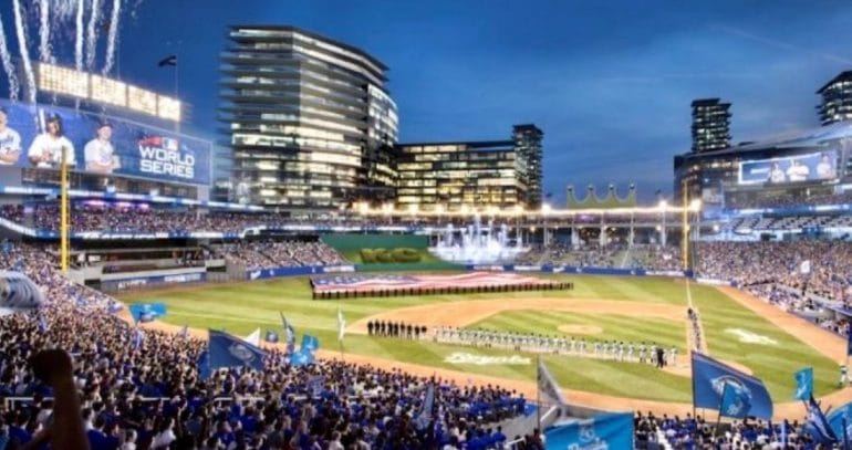 A rendering of a potential downtown Royals ballpark.