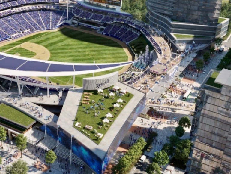 An aerial rendering of a potential downtown ballpark for the Kansas City Royals.