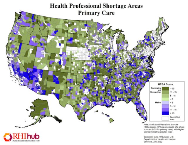 A map from the Rural Health Information Hub shows most Kansas counties existing in rural Health Professional Shortage Areas.