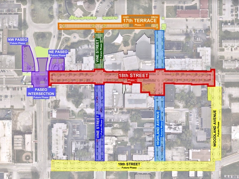 The 18th and Vine Pedestrian Plaza (shown in red) is the first phase of an overall improvement plan for the district.