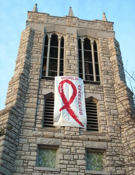 A World AIDS Awareness banner at Second Presbyterian Church.