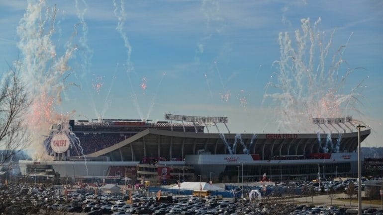 Pregame fireworks erupt at Arrowhead Stadium prior to the AFC Championship game against the Cincinnati Bengals on Jan. 30, 2022.