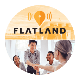 Flatland logo, diverse group of people with two shaking hands.