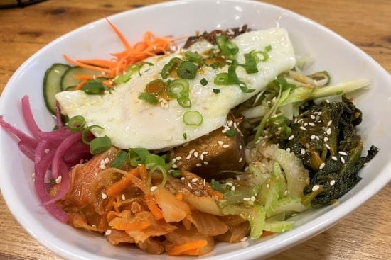 The Chive Café and Market’s bibimbap bowl can be customized to be vegan, vegetarian or gluten-free. The rice bowl includes marinated mushrooms, garlic, spinach, pickled red onions, kimchi, vegetables and sprouts, plus a salad and choice of homemade dessert.