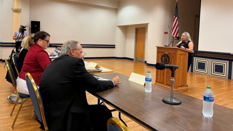 Jackee Collins, a virtual coordinator in Delta R-V Schools, testifies to the Teacher Recruitment and Retention Blue Ribbon Commission in Jefferson City on Aug. 3, 2022.