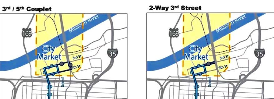 Maps showing two methods were studied to connect the River Market streetcar route to the Heart of America Bridge. The preferred option was a 'couplet" using Third and Fifth streets.