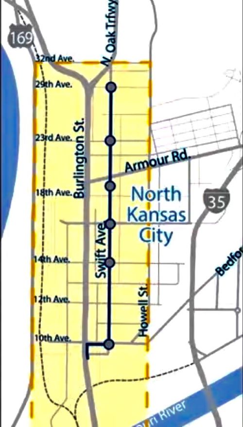 Map showing the recommended North Kansas City streetcar route would run down Swift Street and require a jog on Tenth Avenue from the Heart of America Bridge.