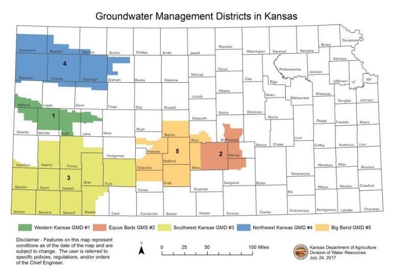 This map shows the groundwater management districts of Kansas. The western Kansas district that has proposed a LEMA is shaded in green. The southwest Kansas district, the state's largest, is shaded in yellow.