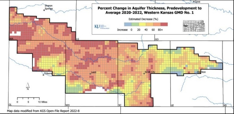 This map shows how much the aquifer has declined across the western Kansas groundwater management district. Many areas, shaded in red, have lost more than 80% of their underground water.