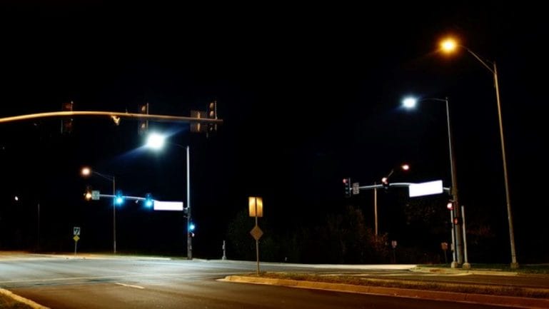 LED and traditional streetlights at a Kansas City intersection.