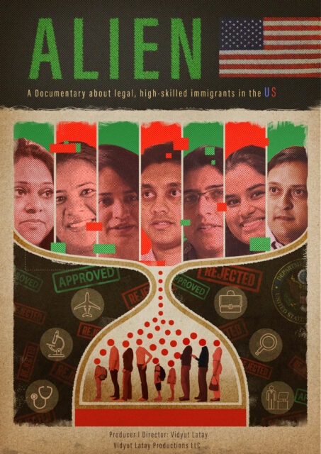 Movie poster for the movie "Alien" has an American flag and photos of the featured interviewees at the top of an hourglass, funneling down into a smaller portion of immigrants with green cards.