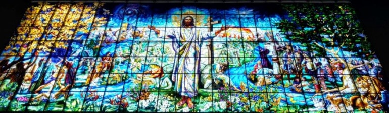 At the front of the synagogue of the United Methodist Church of the Resurrection, this huge stained-glass art dominates the wall over the area that contains the pulpit.