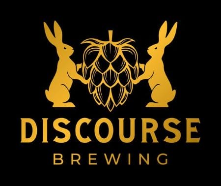 Discourse Brewing's logo features two rabbits and a hop.