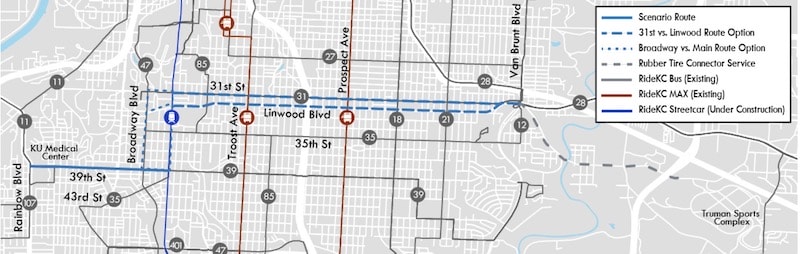 Map showing a prospective east-west streetcar route in Kansas City.