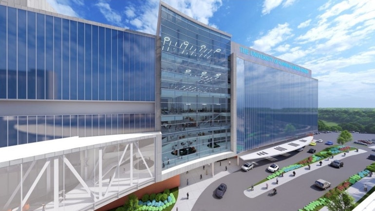 The rendering above depicts the 10-story “signature facility” the University of Kansas Cancer Center plans to build on the KU medical campus in Kansas City, Kansas.
