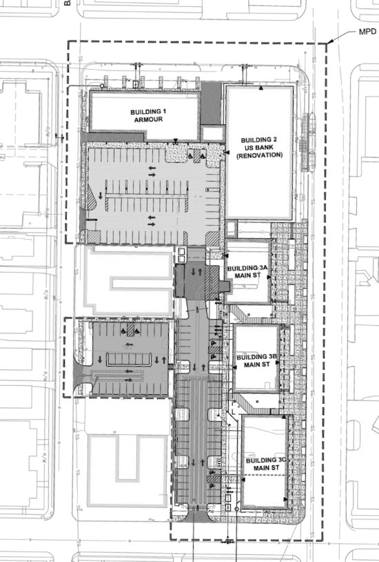 The Mac Properties site plan for its proposed development at Main and Armour.