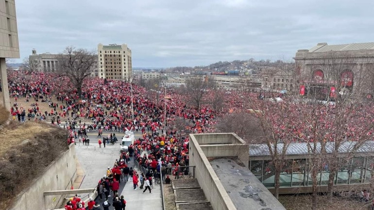A large crowd assembles in front of Union Station before the start of the Kansas City Chiefs Super Bowl championship parade.