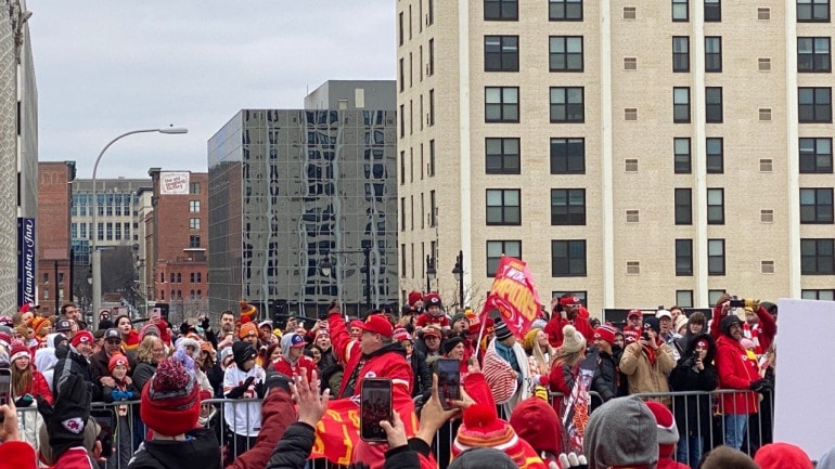 Celebrities such as Eric Stonestreet and Rob Riggle interacted with fans during the Kansas City Chiefs Super Bowl championship parade.