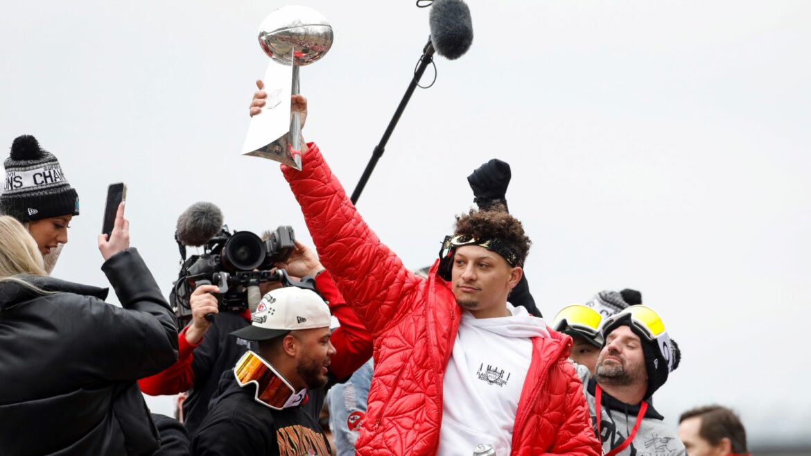 Patrick Mahomes takes part in the Kansas City Chiefs' victory celebration and parade in Kansas City, Missouri, Wednesday, Feb. 15, 2023, following the Chiefs' win over the Philadelphia Eagles Sunday in the NFL Super Bowl 57 football game.