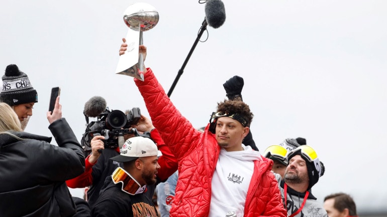 Patrick Mahomes takes part in the Kansas City Chiefs' victory celebration and parade in Kansas City, Missouri, Wednesday, Feb. 15, 2023, following the Chiefs' win over the Philadelphia Eagles Sunday in the NFL Super Bowl 57 football game.