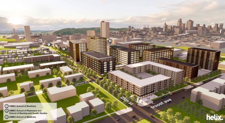 Rendering of an aerial view of the University of Missouri-Kansas City's planned Healthcare Innovation and Delivery Building to the Health Sciences District on Hospital Hill in Kansas City, Missouri.