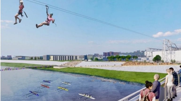 A rendering of people zip lining from the new entertainment zone planned for the historic Rock Island Railroad Bridge.