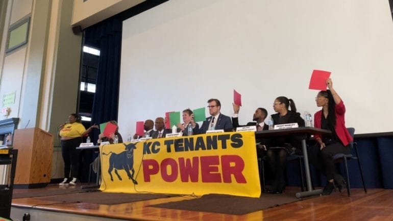 At a February KC Tenants Power forum, candidates running for at-large seats in Kansas City are asked if they support a downtown baseball stadium.