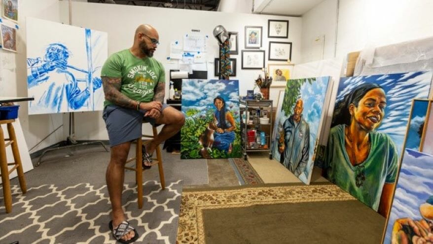 Artist Kwanza Humphrey in his studio.