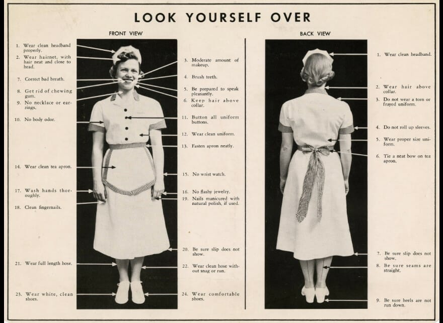Chart titled "Look Yourself Over" created by White Castle Systems, Inc., giving instructions to female employees on how they should be dressed and groomed at work, ca. 1930-1949.