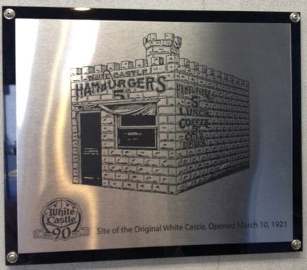 This plaque at a Wichita bank is a memorial to the first White Castle location in Wichita.