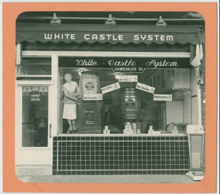 Exterior view of an imitator of White Castle. The sign reads White Castle System, however it is not an authentic White Castle restaurant.