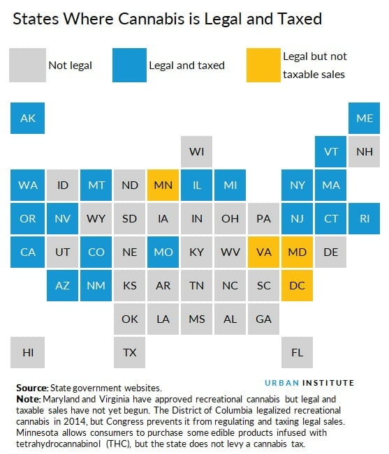 A map of states where cannabis is legal and taxed.