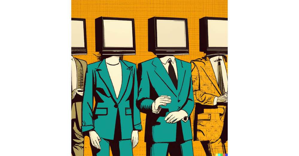 a drawing of people in suits with computers instead of heads.