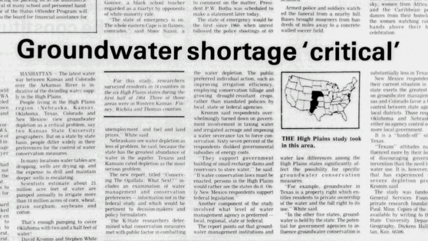 This 1985 edition of the Garden City Telegram newspaper informs readers of the results of the original Kansas State University survey conducted the previous year. A vast majority of farmers polled back then agreed that the depletion of the Ogallala Aquifer was a critical problem, but the water levels have continued to decline.