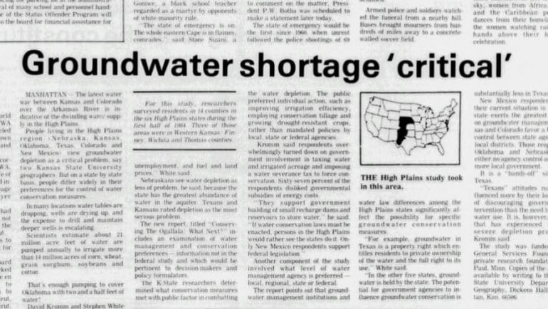 This 1985 edition of the Garden City Telegram newspaper informs readers of the results of the original Kansas State University survey conducted the previous year. A vast majority of farmers polled back then agreed that the depletion of the Ogallala Aquifer was a critical problem, but the water levels have continued to decline.