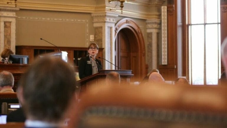 Rep. Lindsay Vaughn, a Democrat from Johnson County, speaks during the 2023 session of the Kansas House. Vaughn has been an outspoken proponent of water conservation as part of the House Water Committee and introduced the groundwater management district bill.