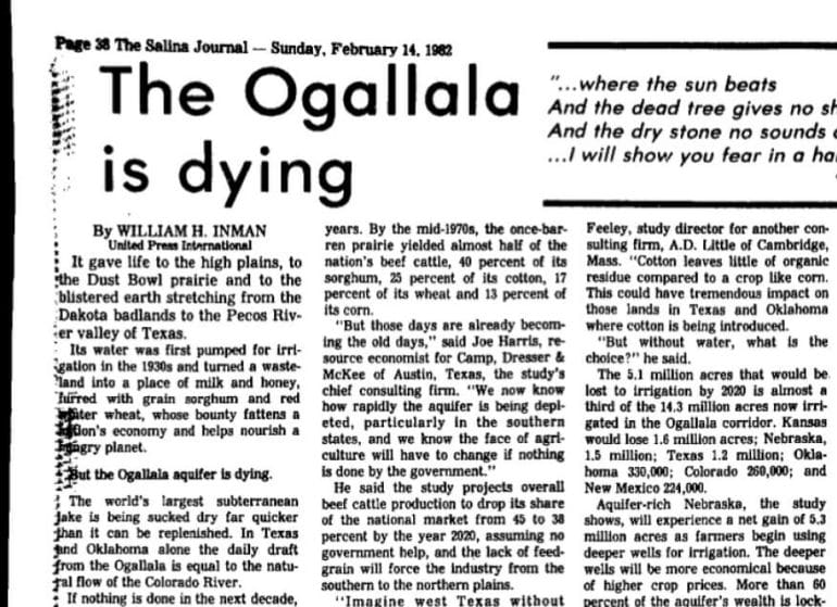 This 1982 article in the Salina Journal warns readers of how irrigated farming is depleting the Ogallala Aquifer — more than 40 years before the current push to reduce water use.