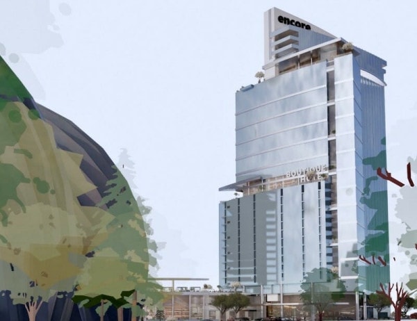A view of the proposed apartment/hotel tower from 16th Street, the back of the Kauffman Center is on left.