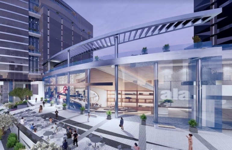 The proposed development would include a pedestrian plaza and retail across from the Kauffman Center.