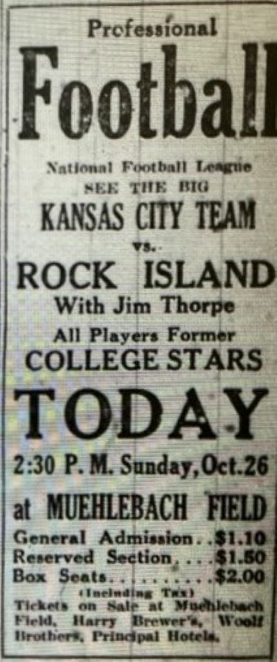 On October 26, 1924, readers of the Kansas City Journal could find an advertisement for the city’s first National Football League game at the bottom of page two of the sports section.