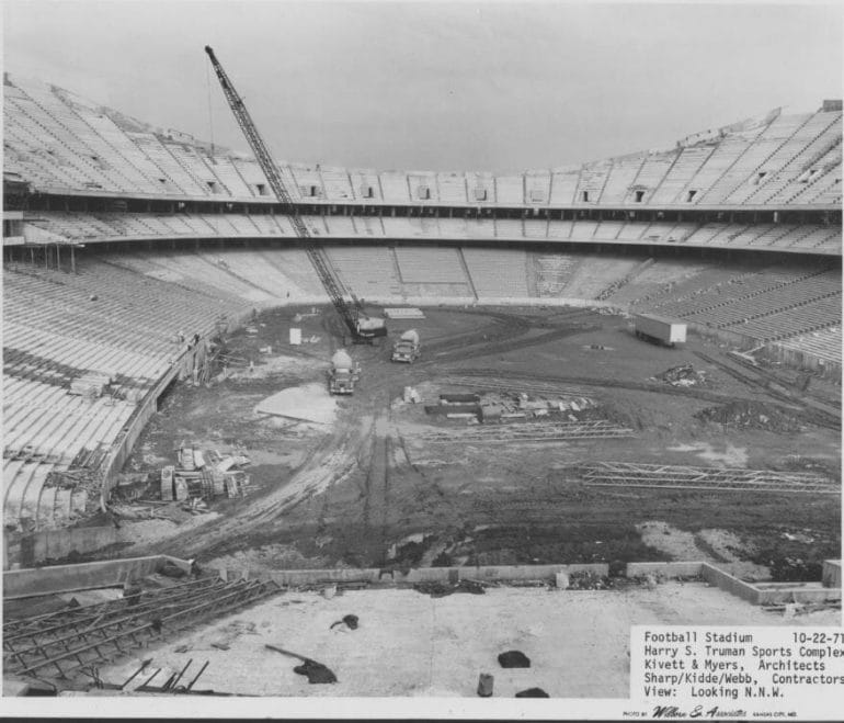 Arrowhead Stadium, seen here under construction in October 1971, would host its first game the following August.