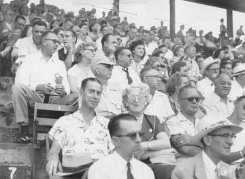 If fans attending games at Kansas City’s Blues Stadium in 1950 encountered no signage denoted segregated seating sections; that’s likely because such signs had been removed 12 years before. Lamar Hunt, who would take careful note of segregated stadium policies across the country, first visited what would be Kansas City’s Municipal Stadium in 1957. (Courtesy | Missouri Valley Special Collections)