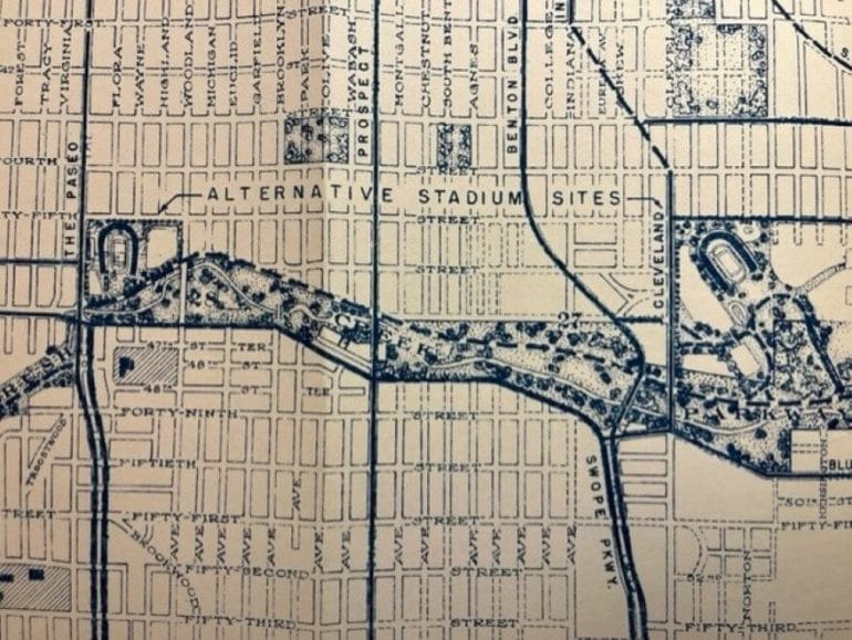 In 1945 Kansas City planning officials submitted a report recommending the construction of a new stadium in two possible locations just north of Brush Creek, one near the Paseo, and the other at Cleveland Avenue. Neither would be built.