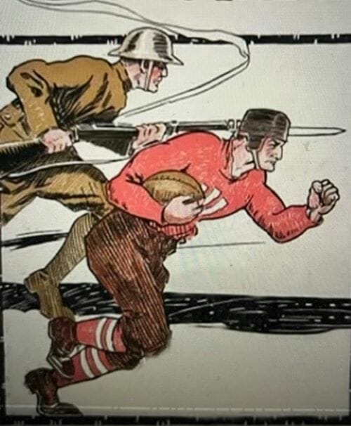Football coach and innovator Walter Camp believed “charging an enemy trench with a bayonet” was very much like “plunging into the line with a football,” according to historian Chris Serb. This illustration, published in the program for a 1918 game between Ohio State-Ohio Wesleyan, conveyed that specific sentiment.