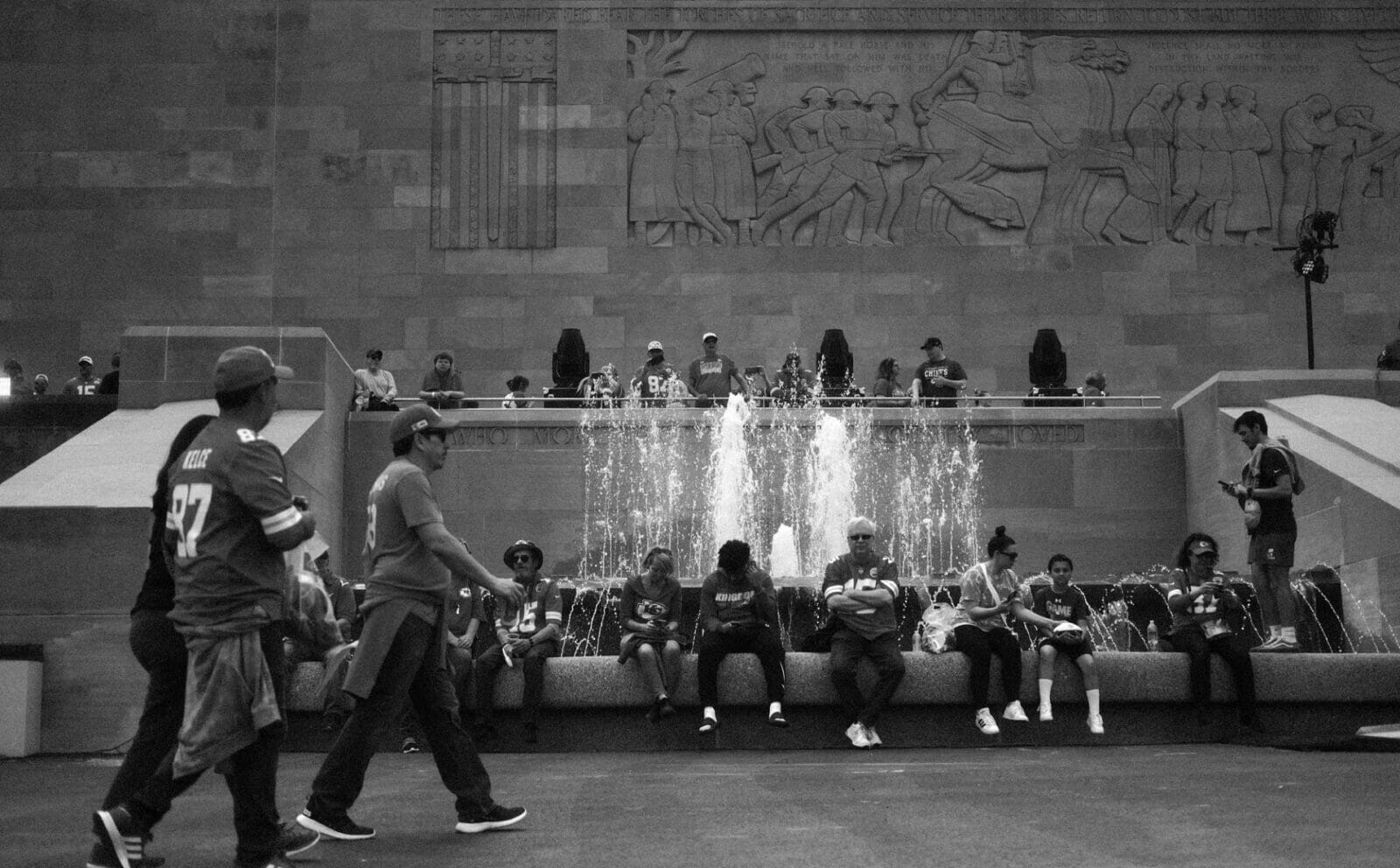 Fans gather at the base of the Liberty Memorial during the NFL Draft.